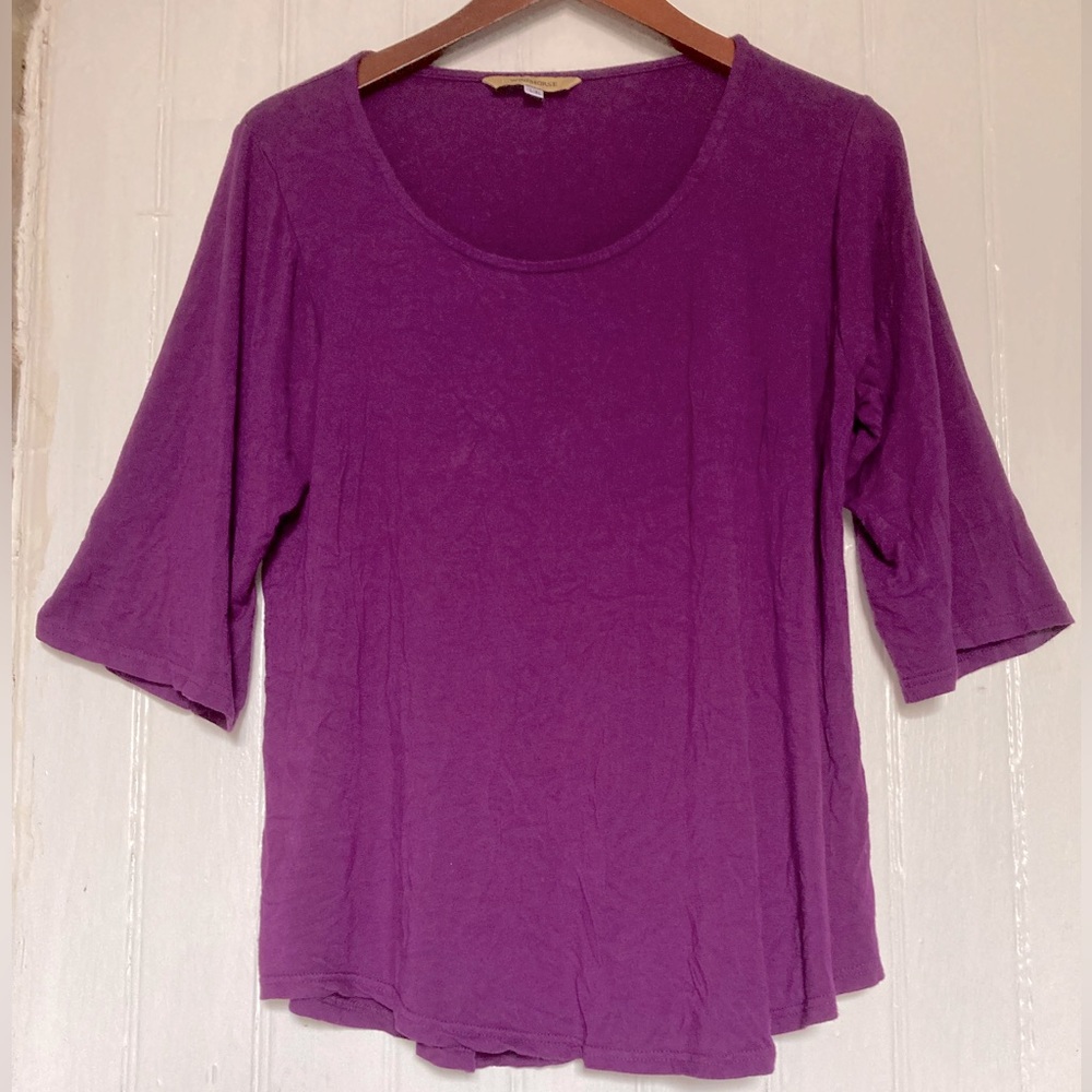 *3 for $20* Round neck purple knit top, 3/4 sleeves, scoop hem, sz L/XL.